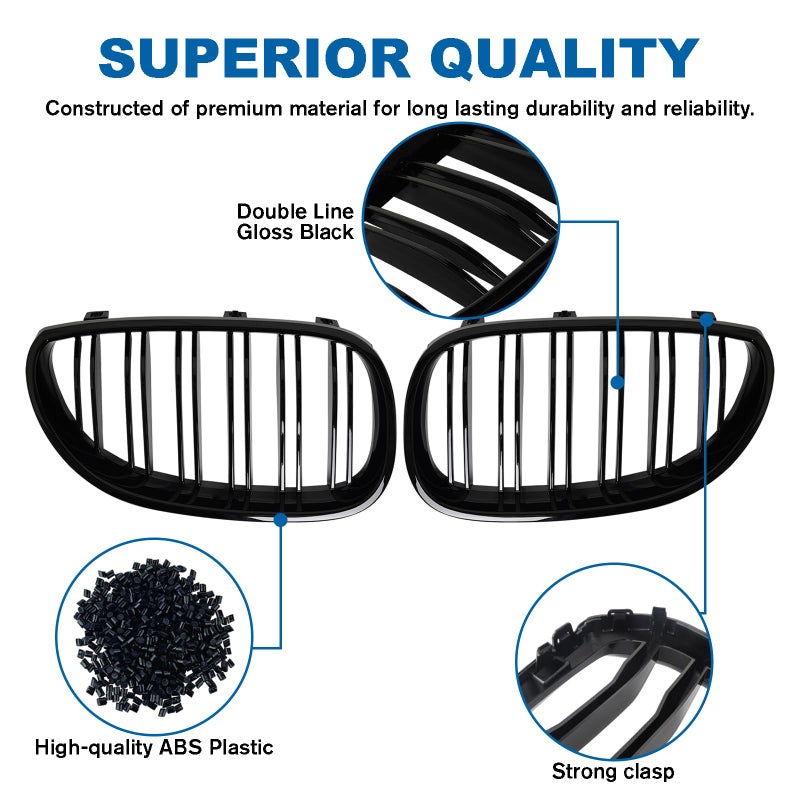 BILLDIO E60 Grille - Front Kidney Grille Double Slats Glossy Black Compatible with 2003-2009 BMW 5 series 520i 523i 525i 528i 530i 535i 550i BMW E60 Black Kidney Grille - Image 3